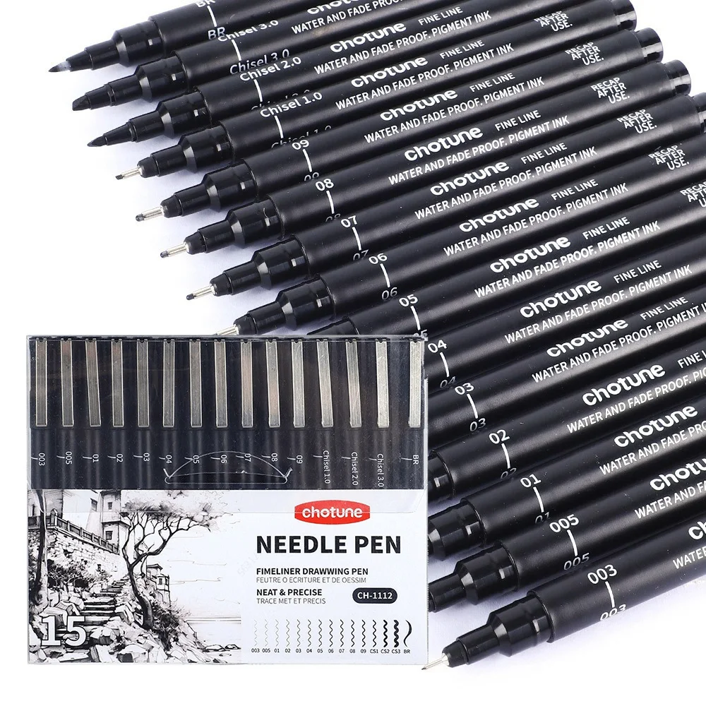 Correction Pen Fine - Czarne mikropługopisy, 15 rozmiarów, wodoodporny atrament