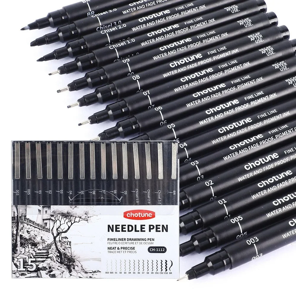 Correction Pen Fine - Czarne mikro długopisy, 15 rozmiarów, wodoodporny